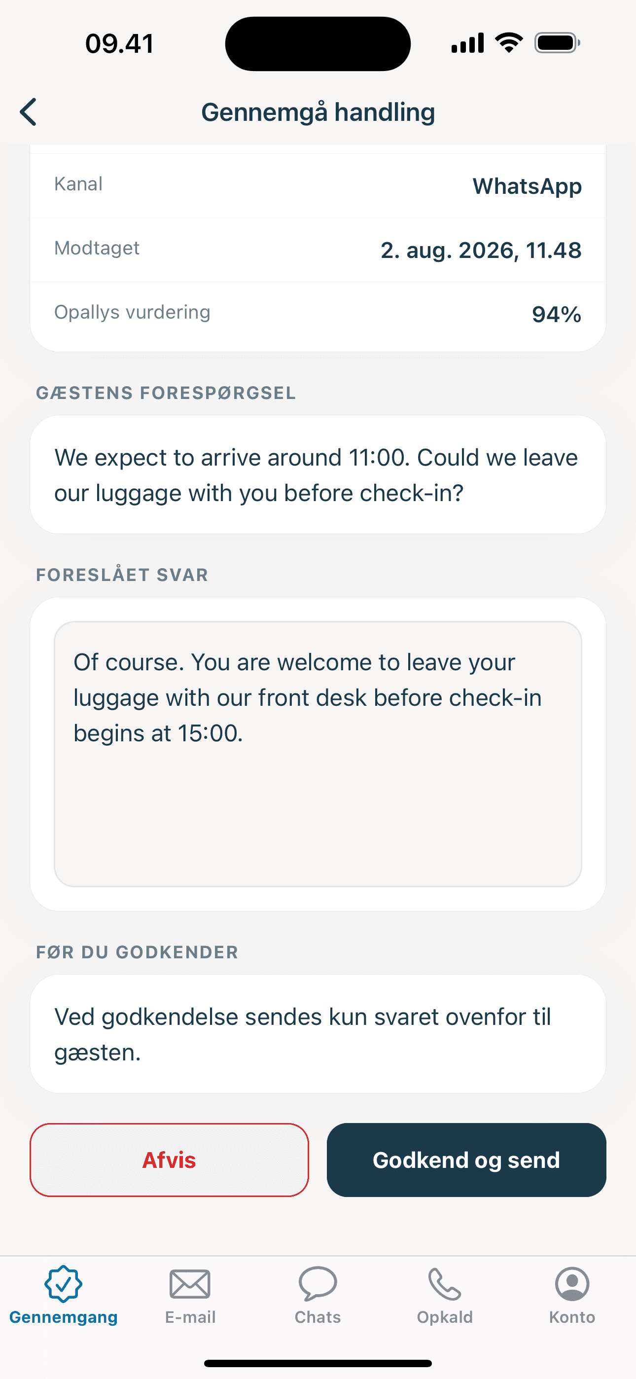 Opally til iPhone med en agenthandling, en email og en gæstesamtale