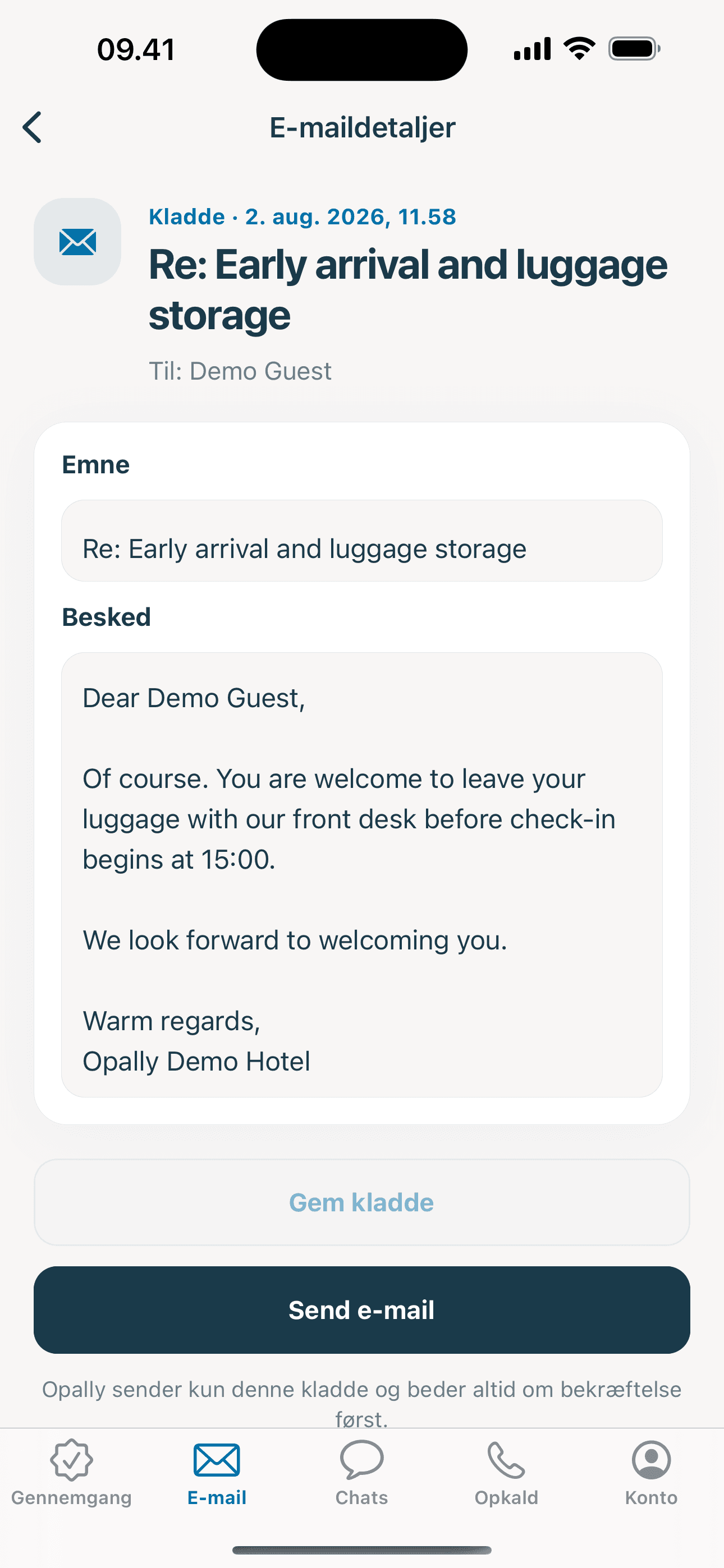 Opally til iPhone med en agenthandling, en email og en gæstesamtale